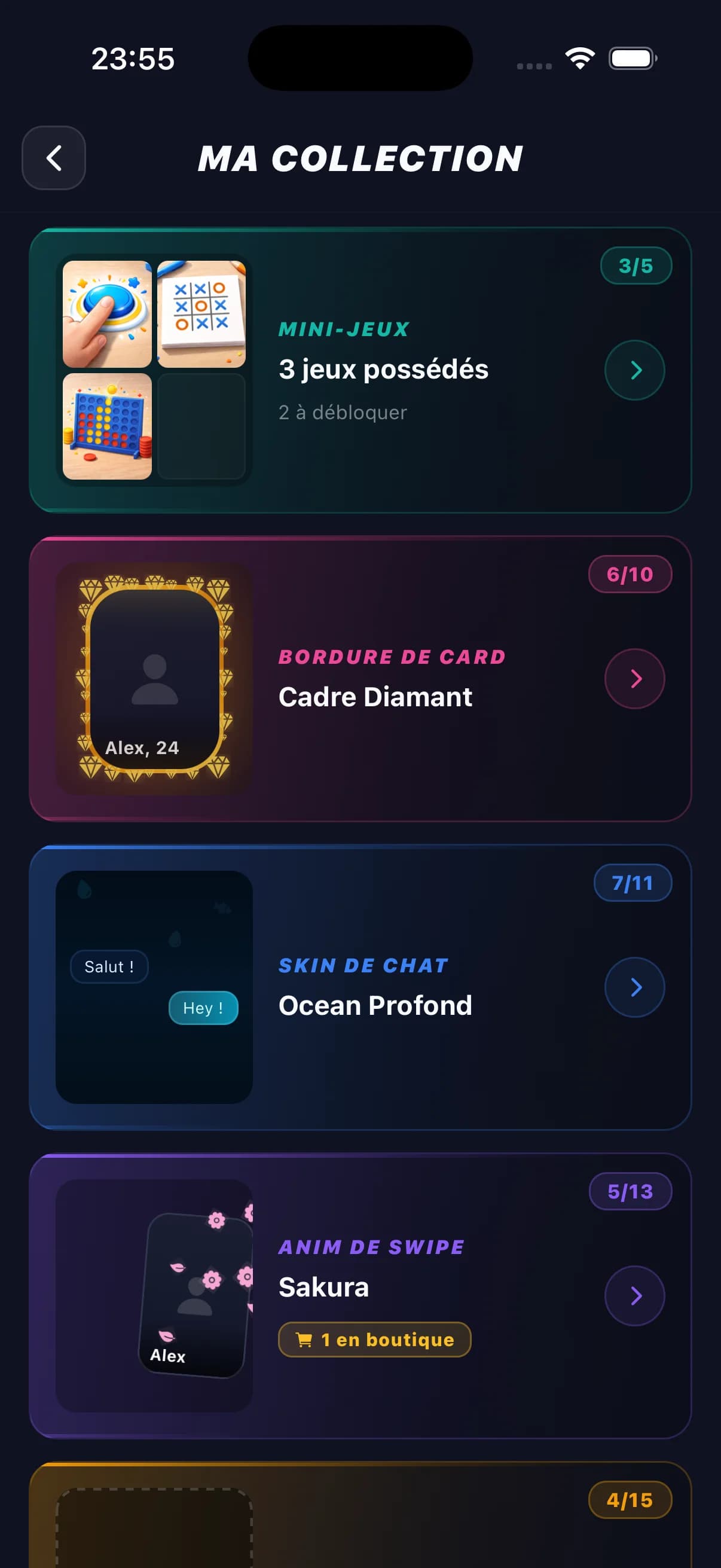 Écran Ma Collection Lofy : inventaire de mini-jeux et skins de chat