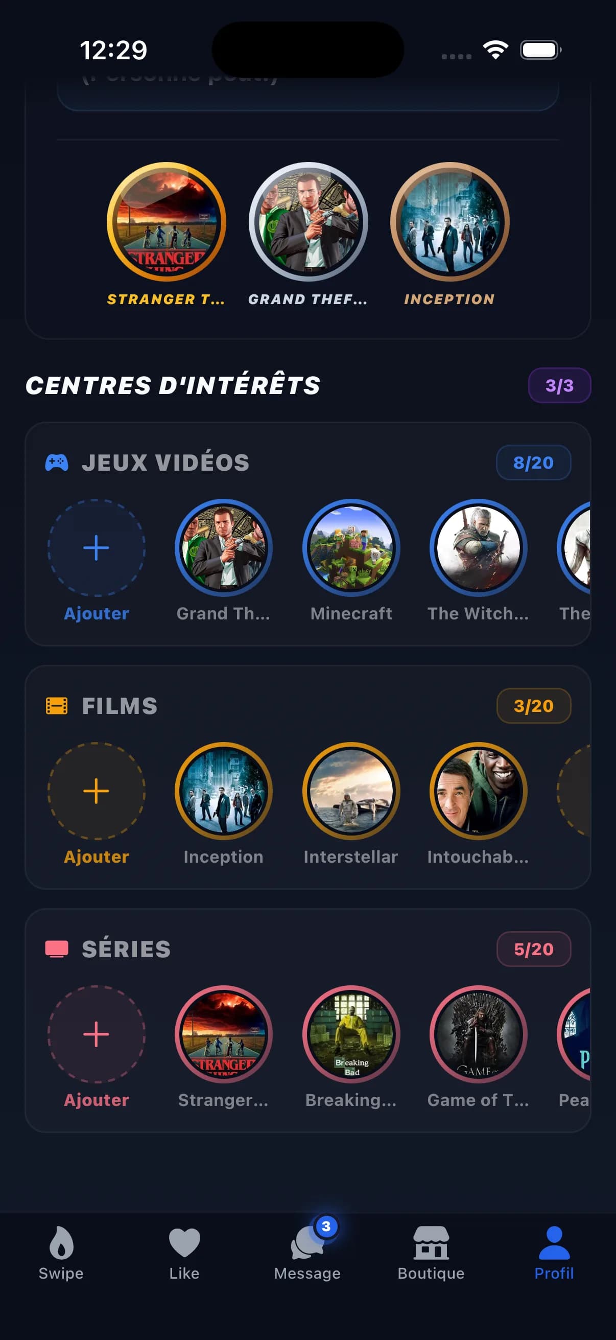 Profil avec centres d'intérêt