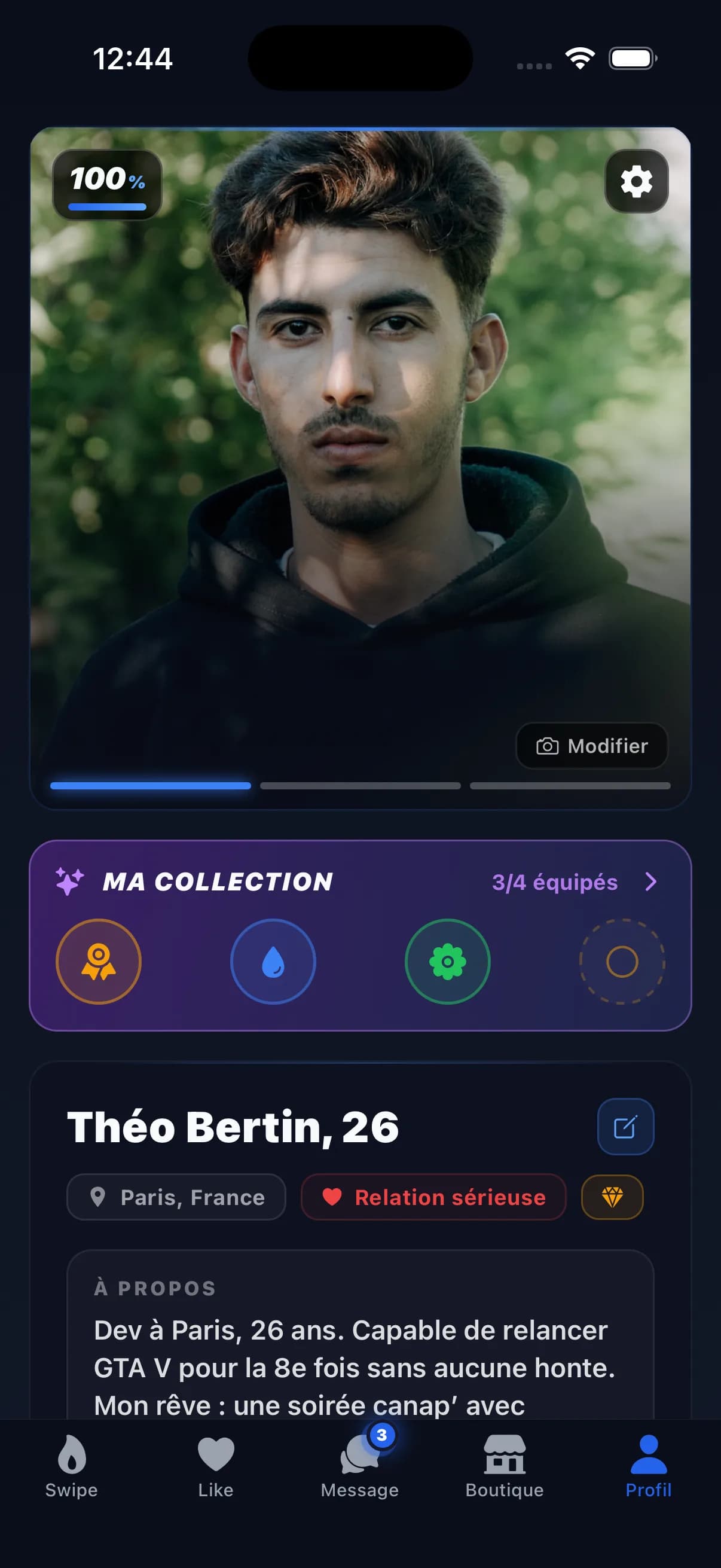 Écran de profil Lofy : biographie avec passions gaming, anime et musique