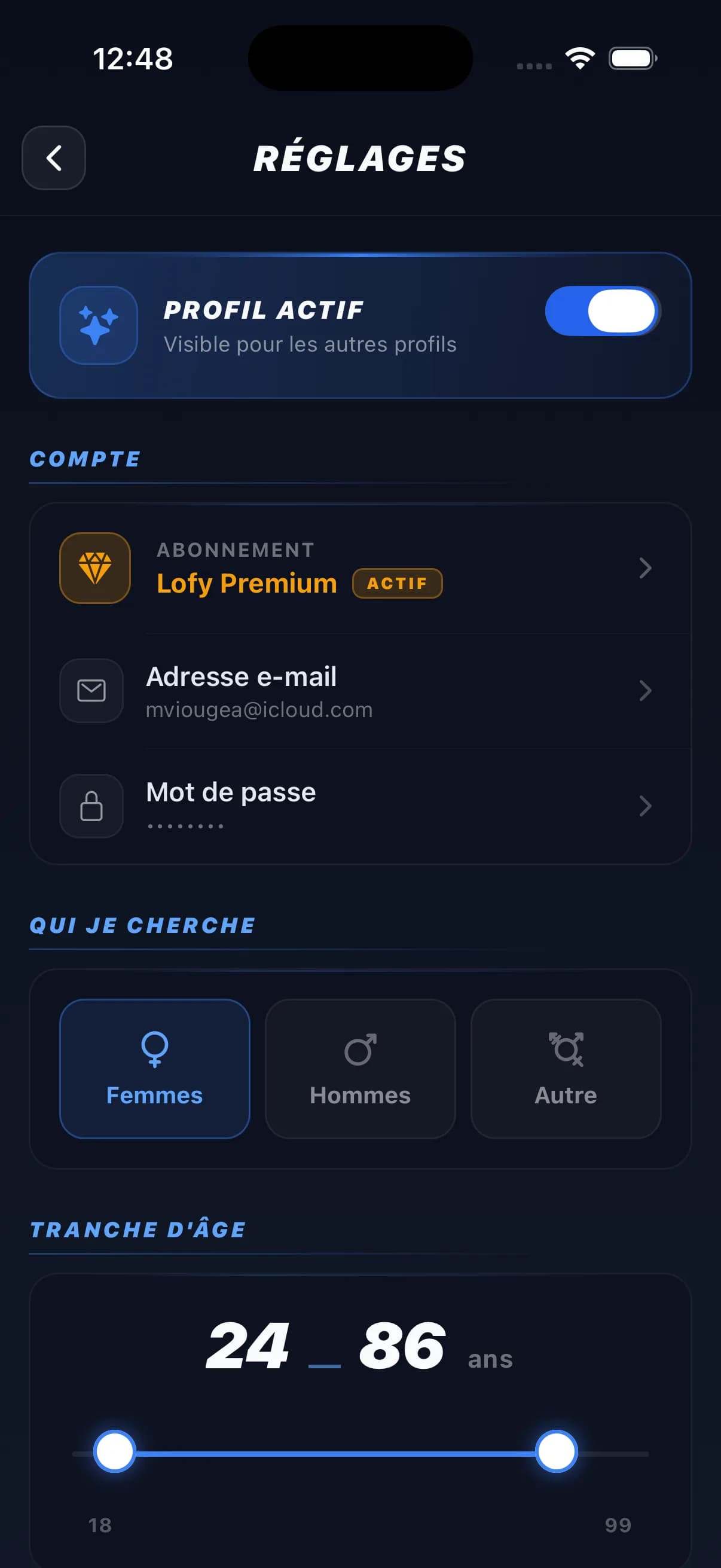 Écran des réglages Lofy : préférences de recherche et filtres